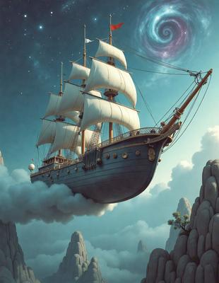 The primary subject of the image is a large sailing ship, which appears to be floating in the air. The ship is surrounded by a cloudy sky, giving the scene a somewhat dramatic and surreal atmosphere. The setting is a nighttime sky, with the ship's sails and rigging visible against the dark backdrop. The visual style of the image is a combination of digital art and illustration, creating a unique and captivating scene. The colors in the image are predominantly dark and muted, with the